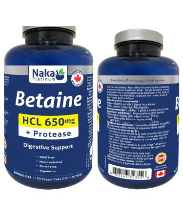 Naka Platinum Betaine HCL 650mg + Protease Digestive Support Made in Canada (150 vcaps) 150 count (Pack of 1)
