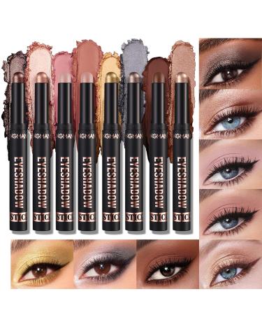 8 Colors Eyeshadow Stick Matte Professional Long Lasting Smooth Bright-Colored Contouring and Highlight Cream Eyeshadow Stick Metallic Glitter Eye Shadow Pencil Eye Makeup Set (EYESHADOW B)