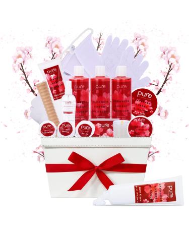 Womens Birthday Gift Basket - Spa Gift Basket For Women - Japanese Cherry Blossom Spa Set. Christmas Bath and Body Gift Basket for Girlfriend/Wife. Bath & Body for Holiday Gift #1 Spa Basket for Her Red