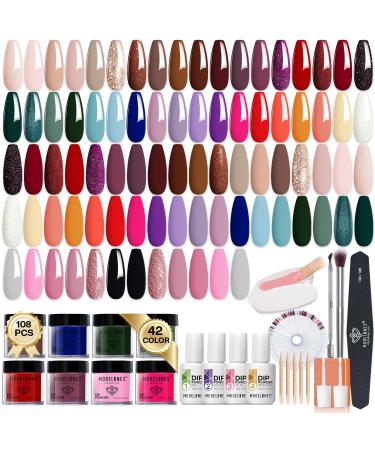 Modelones Dip Powder Nail Kit Starter All Season 42 Colors Burgundy Purple Gold Glitter Dipping Powder Liquid Set with Base & Top Coat Activator for French Nail Art Manicure Salon DIY at Home A1-42 Elegant Allure