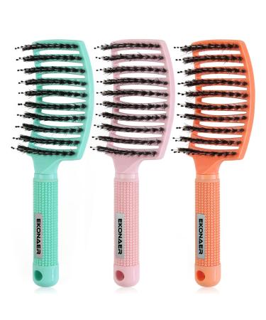EKONAER 3 Pack Vented Quick Drying Massage Blow Detangler Brush Boar Bristle Hair Brush Set-Curved Detangling Hair Brush for Women Long Thick Thin Curly(Green) 3 pcs Fresh Color