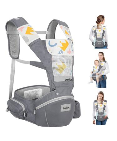 Zooawa Baby Carrier Newborn to Toddler, 7 in 1 Baby Hip Seat Carrier Front Back Carrier with Lumbar Support+Waist Stool+Pocket, Soft Breathable Infant Holder Carrier for 0-36 Months 22-40lbs, Gray