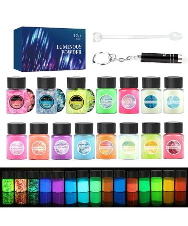 Glow in The Dark Pigment Powder 15 Jar -12 Color Glow Pigment and 3 Color Luminous Flake with UV Lamp - Epoxy Resin Luminous Powder for Slime Kit Skin  Nail Safe Long Lasting Self Glowing Dye for DIY