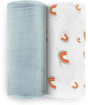 Fern & Avery Swaddle Blankets - Gender Neutral Muslin Swaddles for Baby Boy or Girl - Set of 2 Rainbow Blue Newborn Essential Receiving Blankets - Buy Online on SooperMarket.com
