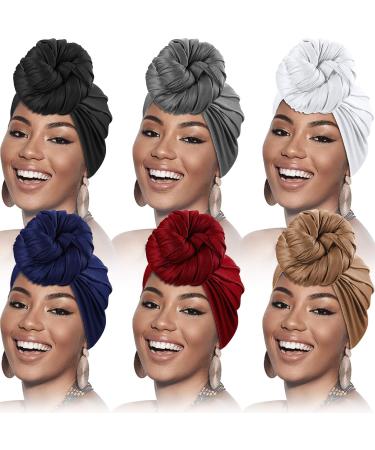 SATINIOR 6 Pieces Head Wrap Scarf Turban Long Hair Scarf Wrap Soft Stretch Headwrap Solid Color Turban Tie Headband for Women Girls Favors (Black  White  Gray  Blue  Red  Light Brown)