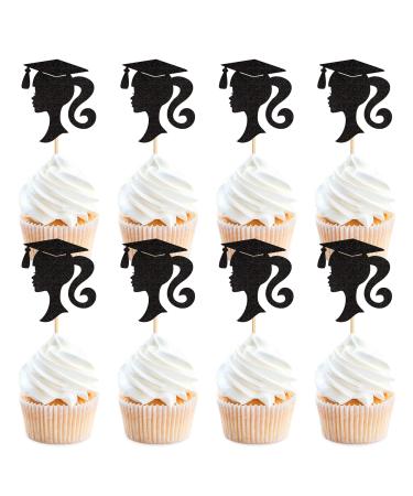 Cyodoos 24pcs 2024 Girl Graduation Theme Black Cupcake Toppers Girl Graduate Silhouette Cupcake Picks 2024 Students Graduation Theme Party Cake Decorations Supplies Graduation2