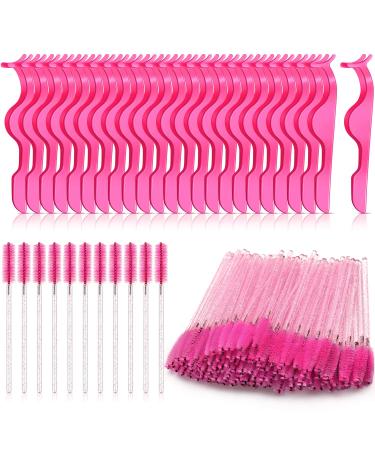 24 Pieces Plastic Eyelash Extension Tweezers False Eyelash Applicator Tool Eyelash Auxiliary Clip and 100 Pieces Eyelash Brush Mascara Wands Applicator for Eyelash Application (Rose Red)