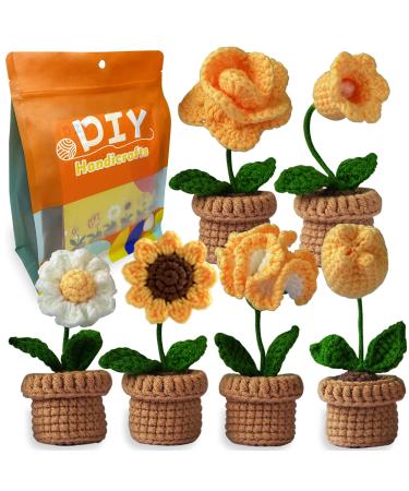 Qunland Crochet Kit for Beginners, 6 Pcs Potted Flowers DIY Kit for Adults and Kids, Crochet Starter Knitting Kit for Complete Beginners with Step-by-Step Instructions and Video Tutorials (Yellow)