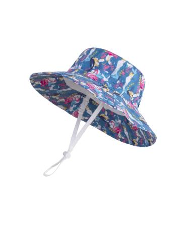 LANGZHEN Beach Sun Protection Hat for Baby Girls Adjustable Toddler Kids Hat Wide Brim Summer Play Hat with Chin Strap Flamingo- navy XL