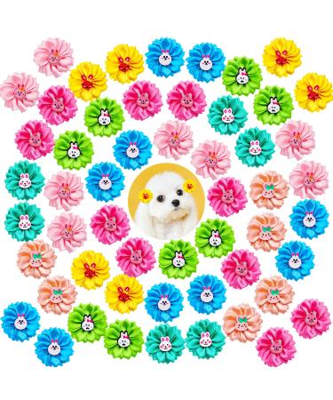 Mruq pet Happy Easter Day Dog Bows 80pcs Holiday Small Pet Dog Hair Bows Bulk Mix Cute Bunny Pattern Dog Flower Bows with Rubber Bands for Festival Puppy Dog Grooming Accessories A308-80
