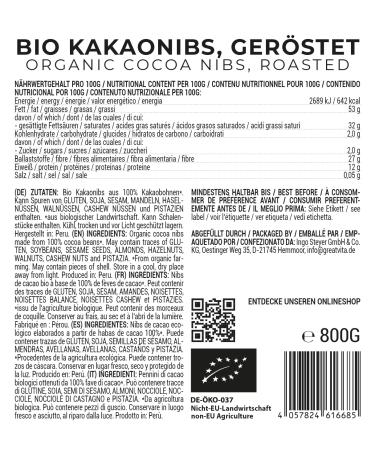 GreatVita Organic Cocoa Nibs 800g - Premium Roasted & Peeled Cocoa Beans from Peru | High-Fiber Topping for Healthy Recipes - Shop Internationally - Buy Online on SooperMarket.com