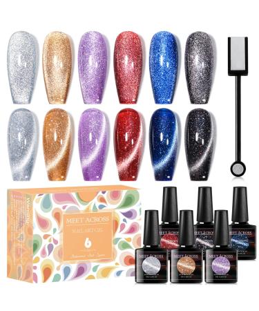 MEET ACROSS UV Nail Polish Set Cat Eye Magnetism Gel Nail Polish Set Sky Effect Colourful Soak Off UV/LED Gel Nail Polish Kit Nail Art Gift Kit 6 Colours with Free Magnet Stick Multicolor