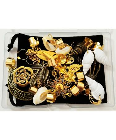 19 PCS Adjustable Hair Cuffs & Charms for Braids | Gold Hair Jewelry Set | Sun Moon Pterosaur Wing Shell Rose Leaf Hair Pendants | DIY Dreadlock Accessories - Buy Online on SooperMarket.com