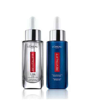 L'Oreal Paris 1.5% Pure Hyaluronic Acid with Vitamin C and 0.3% Retinol Serum for Face Revitalift Derm Intensives Anti-Aging Skin Care Day Night Regimen
