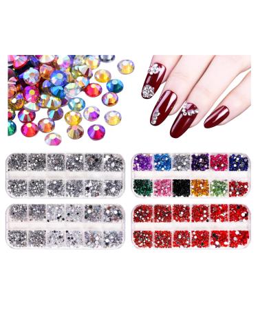 Nail Gems 4 Boxes Flatback Mixed Crystal Rhinestones for Nails Shiny Nail Rhinestones Diamonds for Nail and Face Art Design Decoration DIY Crafts