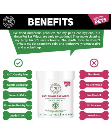 Biodegradable Anti-Fungal Ear Wipes for Dogs & Cats | 100 Soothing Cleaning Wipes | Gentle & Quick Solution for Ear Wax & Itchiness - Buy Online on SooperMarket.com