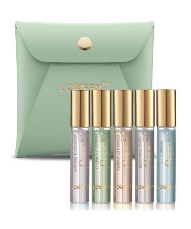 Valentines Day Gifts for Her and Him Perfume Set Pack of 5 - Perfume Sampler Sets for Women & Men with Leather Pouch - 10ml Mini Perfume for Travel Gifts Solo Scent & Layering Fragrances Green