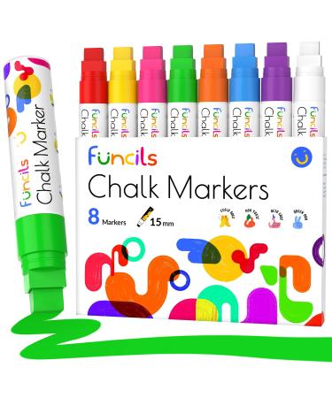 Funcils 8 Washable Window Markers For Cars - 15mm Jumbo Neon Paint Chalk Markers for Glass, Chalkboard, Blackboard, Bistro, Auto, Menu Board - Chalk Pens Loved by Teachers, Kids, Artists, Businesses Bright Jumbo Tip - 15mm
