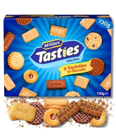 McVities Tasties Biscuit Selection Assorted Biscuits Box 70 Biscuits 9 Varieties 730g Box of Biscuits Custard Creams Bourbon Milk Chocolate Digestive Jam Rings Nice Digestives Shortcake
