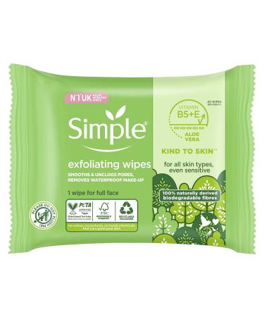 Simple biodegradable Exfoliating Face Wipes cleansing wipes to smooth skin and unclog pores for sensitive skin 20 wipes 20 count (Pack of 1)