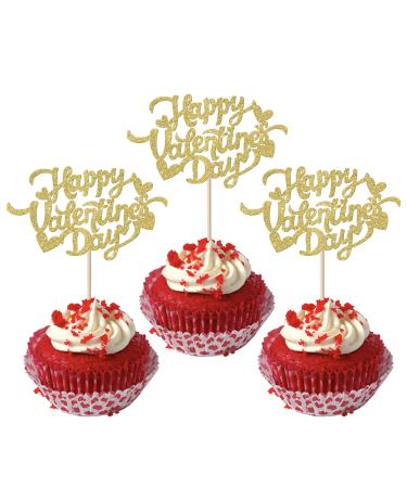 24 Pack Happy Valentine's Day Cupcake Topper Glitter Sweet Heart Love Cupcake Picks for Happy Valentines Day Theme Bridal Shower Engagement Birthday Party Cake Decorations Supplies Gold 18-gold