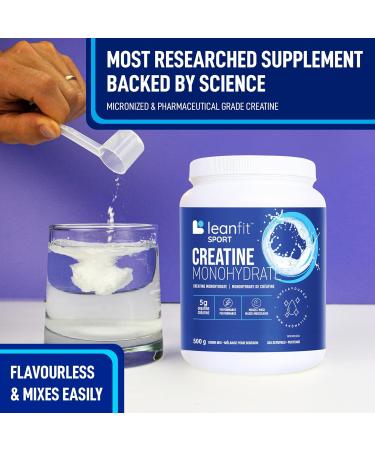 LEANFIT SPORT CREATINE MONOHYDRATE Powder Unflavoured - Creatine Supplement for Increased Muscle Mass Enhanced Energy & Improved Performance - Informed Choice Certified Micronized & Pharmaceutical Grade Creatine Gluten-Free Vegan - 5g Creatine Per Serving - Buy Online on SooperMarket.com