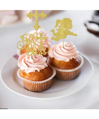 Rsstarxi 24 Pack God Bless and Cross Cupcake Toppers Glitter Angel Christening Babyshower Girl Baptism Cupcake Picks Decorations for First Communion Baptism Party Cake Decorations Gold - Buy Online on SooperMarket.com
