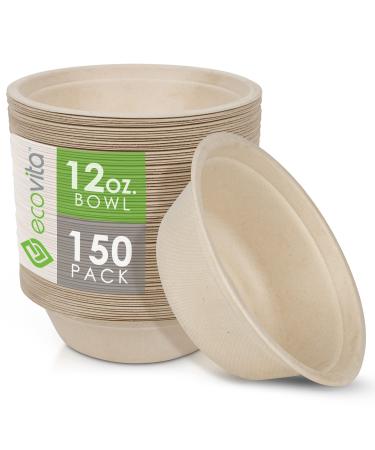 Ecovita 100% Compostable Paper Bowls 12 oz.  150 Disposable Bowls Eco Friendly Sturdy Tree Free Liquid and Heat Resistant Alternative to Plastic or Paper Bowls