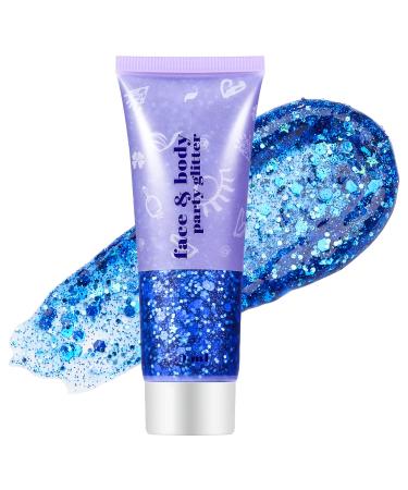 Go Ho Blue Face Body Glitter Gel Singer Concerts Face Glitter Makeup Holographic Long Lasting Chunky Sequins Glitters for Eye Lip Hair Nails Festival Rave Accessories 001 Blue Glitter 52g