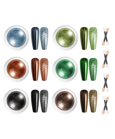 BISHENGYF 6 Colors Chrome Nail Powder New Fashion Metallic Mirror Effect Holographic Chameleon Pigment Powder for Nails Black Red Green Gold Nail Chrome Powder for Nail Art Christmas Decoration 02-PEARL