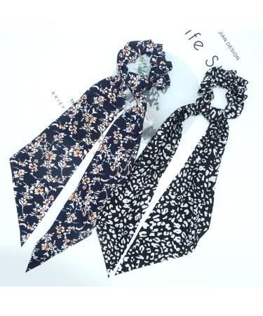 Black Floral/Striped Scarf Scrunchie Set - 5pcs Chiffon/Silk Hair Ties for Women - Buy Online on SooperMarket.com