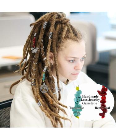 RechicGu 62Pcs Handmade Natural Chakra Crystal Dreadlock Jewelry with Metallic Cord - Turquoise Egyptian Cross Lotus Silver - Buy Online on SooperMarket.com