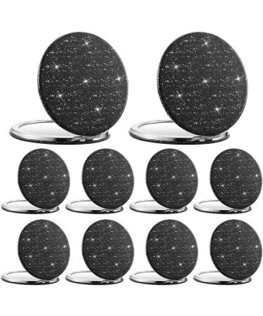 10 Piece Black Compact Mirror Small Round Pocket Mirror for Purse Glitter Portable Travel Mirror Folding Handheld Bling Mirrors with Double Sided 1x/ 2X Magnification for Woman Girls Gift