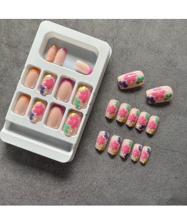 Diduikalor 24Pcs Flower Design Short Square Press on Nails - Cute Acrylic Stick on False Nails for Women - Buy Online on SooperMarket.com