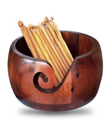 Wonderbooom Wooden Yarn Bowl with 12 pcs Bamboo Handle Crochet Hooks,Knitting Wool Storage with Holes,Handmade Crochet Bowl Holder Rosewood for Mother's Day Yarn bowl&Crochet hooks