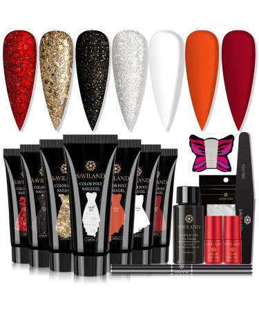 Saviland Poly Nails Gel Kit - 7 Colors Nail Extension Gel Kit Dance Queen Series Glitter Builder Nail Gel Kit with Base & Top Coat, Slip Solution, Perfect for Nail Salon, Nail Art Lovers