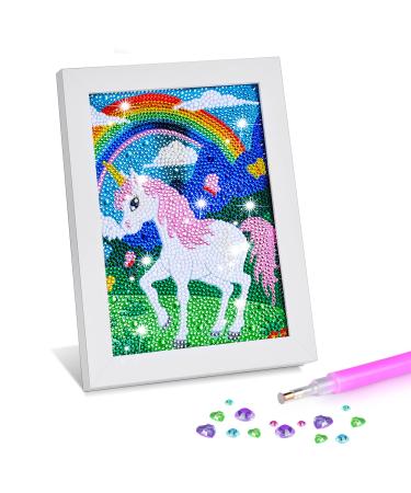 ZALIAFEI Diamond Painting for Kids with Frames  Mosaic Gem Sticker Art Projects Kits  Holiday Crafts Supplies Gifts for Girls Boys Ages 6 7 8 9 10 11 12 White Unicorn