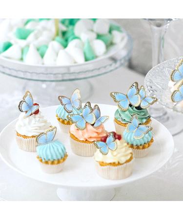 Blumomon 30-Piece 3D Butterfly Cake Topper Decorations | Blue & Gold Rim Cupcake Picks for Weddings Baby Showers & Birthday Parties - Buy Online on SooperMarket.com
