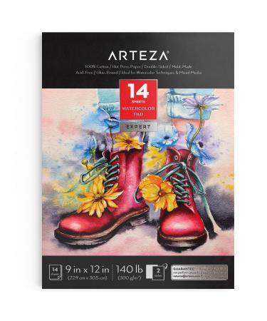Arteza Watercolor Paper Pad, 9 x 12 Inches, 14 Sheets of Double-Sided Fine-Grained 100% Cotton Paper, 140-lb, Hot-Press, Art Supplies for Watercolor Techniques and Mixed Media 1 Pack White