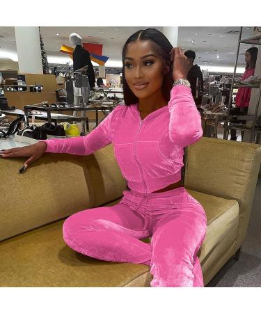 Yidengymx Women's Velour Tracksuit Set | Pink Hoodie & Wide Leg Pants | Long Sleeve Crop Top | Medium - Buy Online on SooperMarket.com