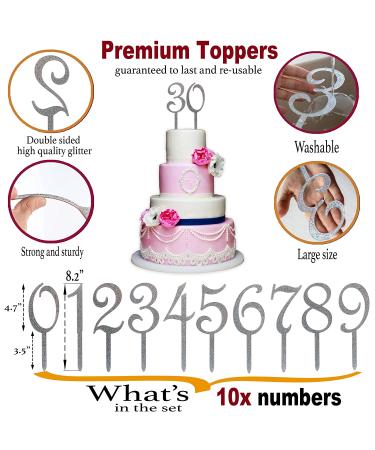 Silver Happy Birthday Cake Topper Numbers - Set of 10 Acrylic Cake Decorations for All Ages - Men and Women, 1st Birthday to 100+ - Birthday Cake Toppers - Buy Online on SooperMarket.com