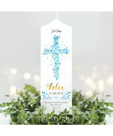 Wall sticker loft baptism candle with baptism motif with blue cross made of leaves 25cm x 7cm personalized candle printed candle for baptism stumping cerema individual baptism gift 25cm x 7cm