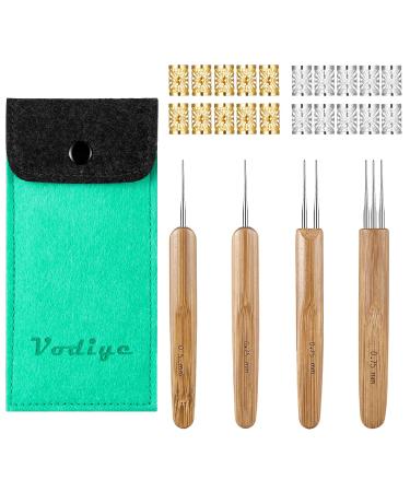 Vodiye Dreadlock Crochet Hook for Hair, 0.5mm 0.75mm Steel Locs Crochet Needle for Hair, Professional Dreadlock Crochet Needle with Bamboo Handle, Dreadlocks Beads Mixed Golden Silver for Braid Craft