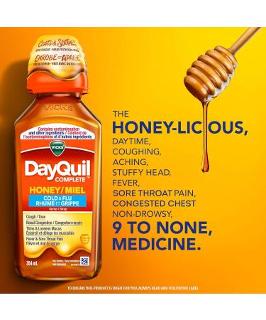 Vicks DayQuil COMPLETE Cold and Flu Medicine Liquid Medicine Honey Flavour Daytime Non-Drowsy relief for Cough Fever Sore Throat Pain Sinus congestion Sinus Pain Chest Congestion 354 ml - Buy Online on SooperMarket.com