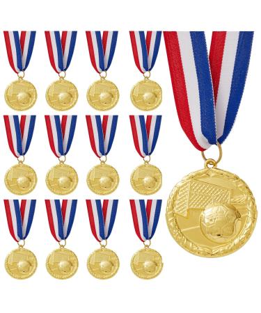 Juvale 12 Pack Soccer Medals for Kids and Adults, Team Participation Trophies, Party Favors, Red, White, and Blue Stripes, Soccer Ball and Goal Net Design (Metal, Gold)