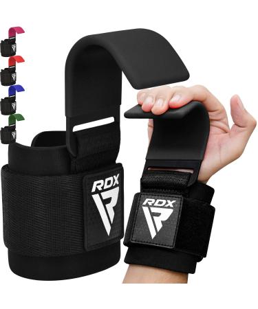 RDX Weight Lifting Hooks Straps Pair, Non-Slip Rubber Coated Grip, 7mm Neoprene Padded Wrist Wrap Support Powerlifting Deadlift Pull Up Fitness Strength Training, Gym Bodybuilding Workout, Men Women Black