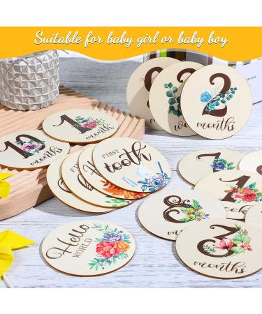 16-Piece Floral Wooden Baby Monthly Milestone Cards - Double-Sided Baby Months Signs for Newborn Photo Props - Fresh Flowers Design - Buy Online on SooperMarket.com