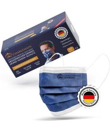 Charlemain 50x op masks made in Germany EN 14683 Type IIR medical mouth-nose protection BFE 99.9% 3-layer latex-free MNS one-way face masks-Navy blue 50 pieces (1 Pack) Navy blue