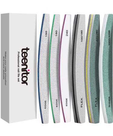 Teenitor Professional Nail File Set 6pcs Nail Buffer Blocks 240 Grit Nail Files for Natural Nails Nail File and Buffer Set Emery Boards for Nails 100/180 Grit Nail File Half-Moon Half-Moon 6 Piece Assortment