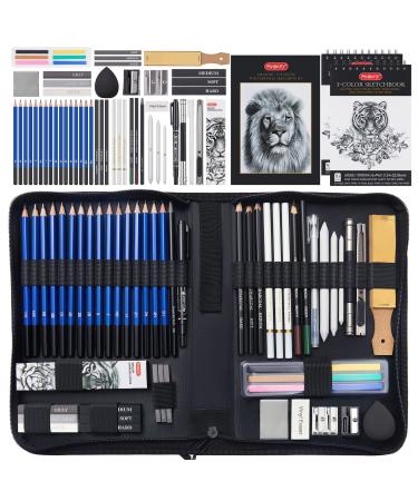 PANDAFLY 60 Pack Drawing Set Sketch Kit Sketching Supplies with 2 x 50 Page 3-Color Sketchbook Graphite Charcoal Pastel Pencils Pro Art Drawing Kit for Adults Teens Beginners Kid